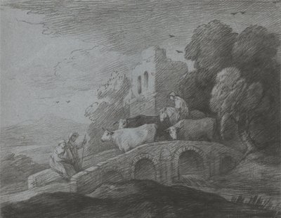 Wooded Landscape with Herdsman Driving Cattle over a Bridge, Rustic Lovers and Ruined Castle by Thomas Gainsborough